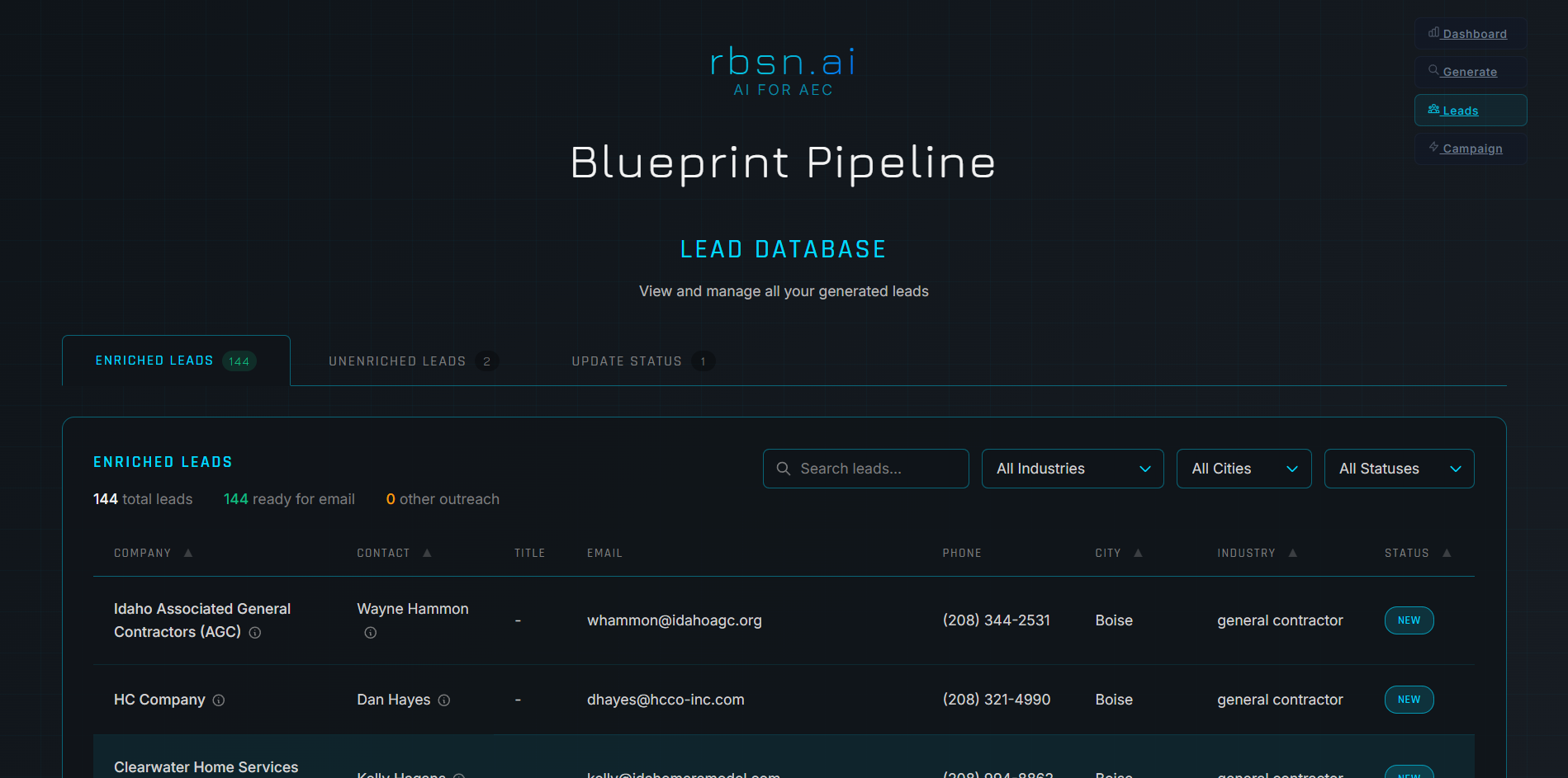 Lead database showing verified contacts with emails and phone numbers